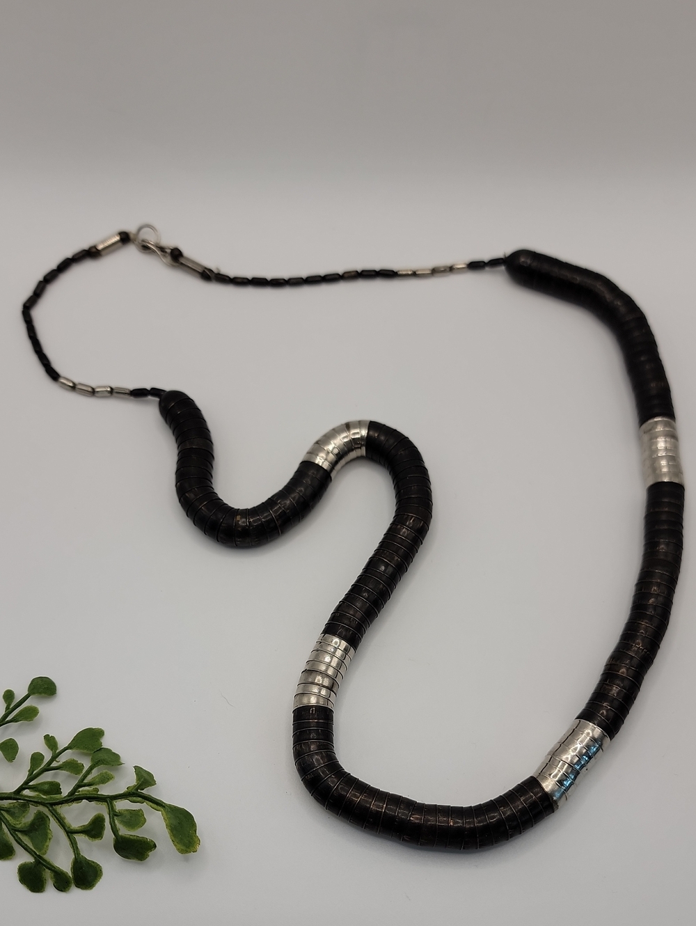 Vintage Disc Necklace Black and Silver Beaded  Mcm 70s  32" Length